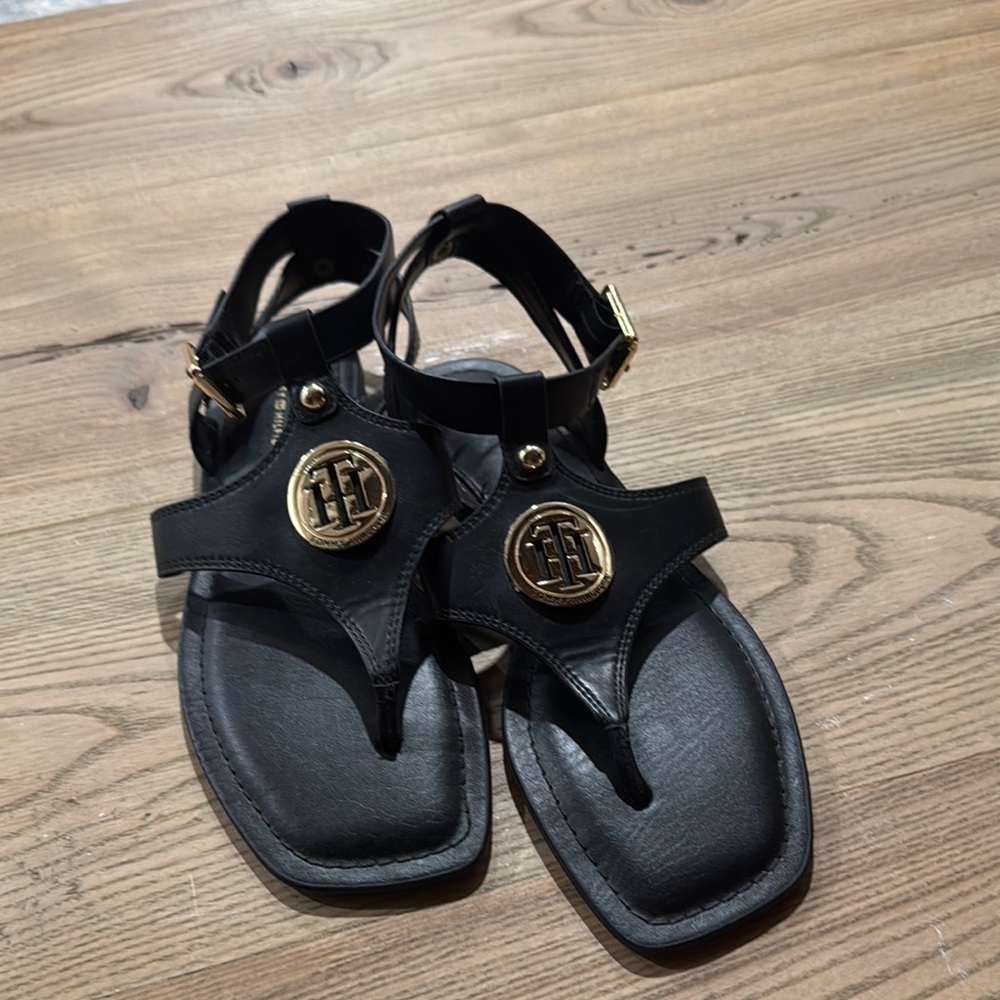 Tommy Hilfiger Black Sandals with Gold Emblem